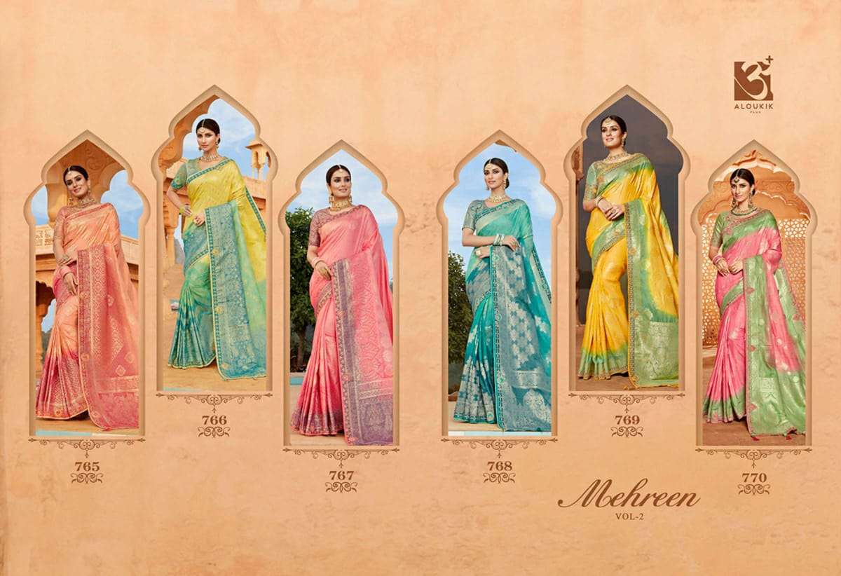 MEHREEN VOL-2 BY ALOUKIK 765 TO 770 SERIES INDIAN TRADITIONAL WEAR COLLECTION BEAUTIFUL STYLISH FANCY COLORFUL PARTY WEAR & OCCASIONAL WEAR FANCY SAREES AT WHOLESALE PRICE