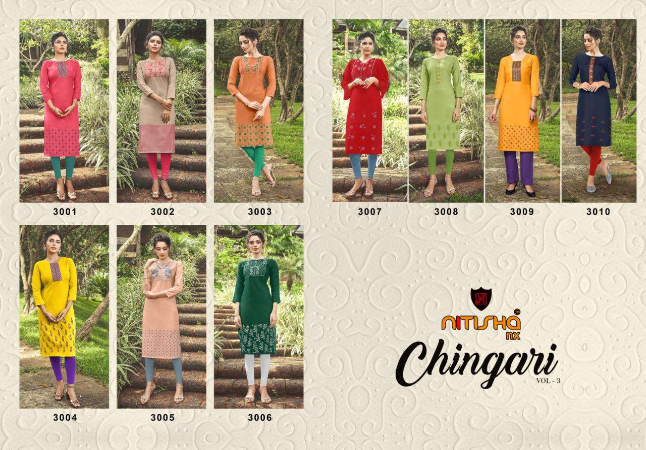 CHINGARI VOL-3 BY NITISHA NX 3001 TO 3010 SERIES STYLISH FANCY BEAUTIFUL COLORFUL CASUAL WEAR & ETHNIC WEAR HEAVY COTTON SLUB WITH EMBROIDERY KURTIS AT WHOLESALE PRICE