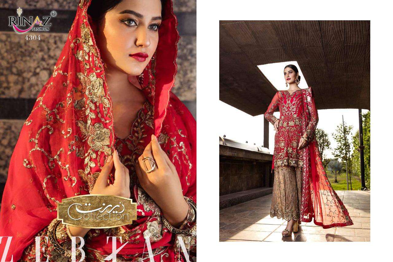 ZEBTAN VOL-4 BY RINAZ FASHION 4301 TO 4305 SERIES BEAUTIFUL STYLISH SHARARA SUITS FANCY COLORFUL CASUAL WEAR & ETHNIC WEAR & READY TO WEAR FAUX GEORGETTE WITH HEAVY EMBROIDERY DRESSES AT WHOLESALE PRICE