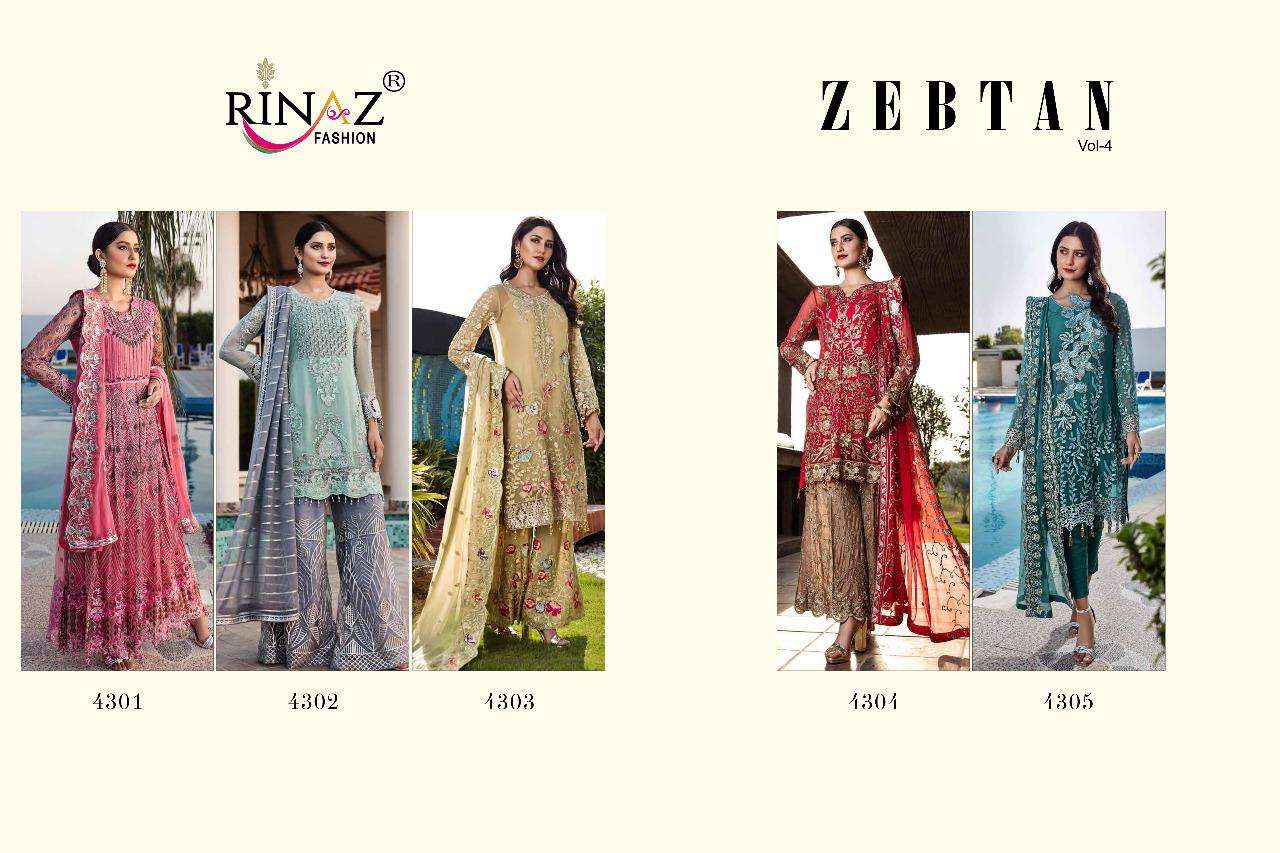 ZEBTAN VOL-4 BY RINAZ FASHION 4301 TO 4305 SERIES BEAUTIFUL STYLISH SHARARA SUITS FANCY COLORFUL CASUAL WEAR & ETHNIC WEAR & READY TO WEAR FAUX GEORGETTE WITH HEAVY EMBROIDERY DRESSES AT WHOLESALE PRICE