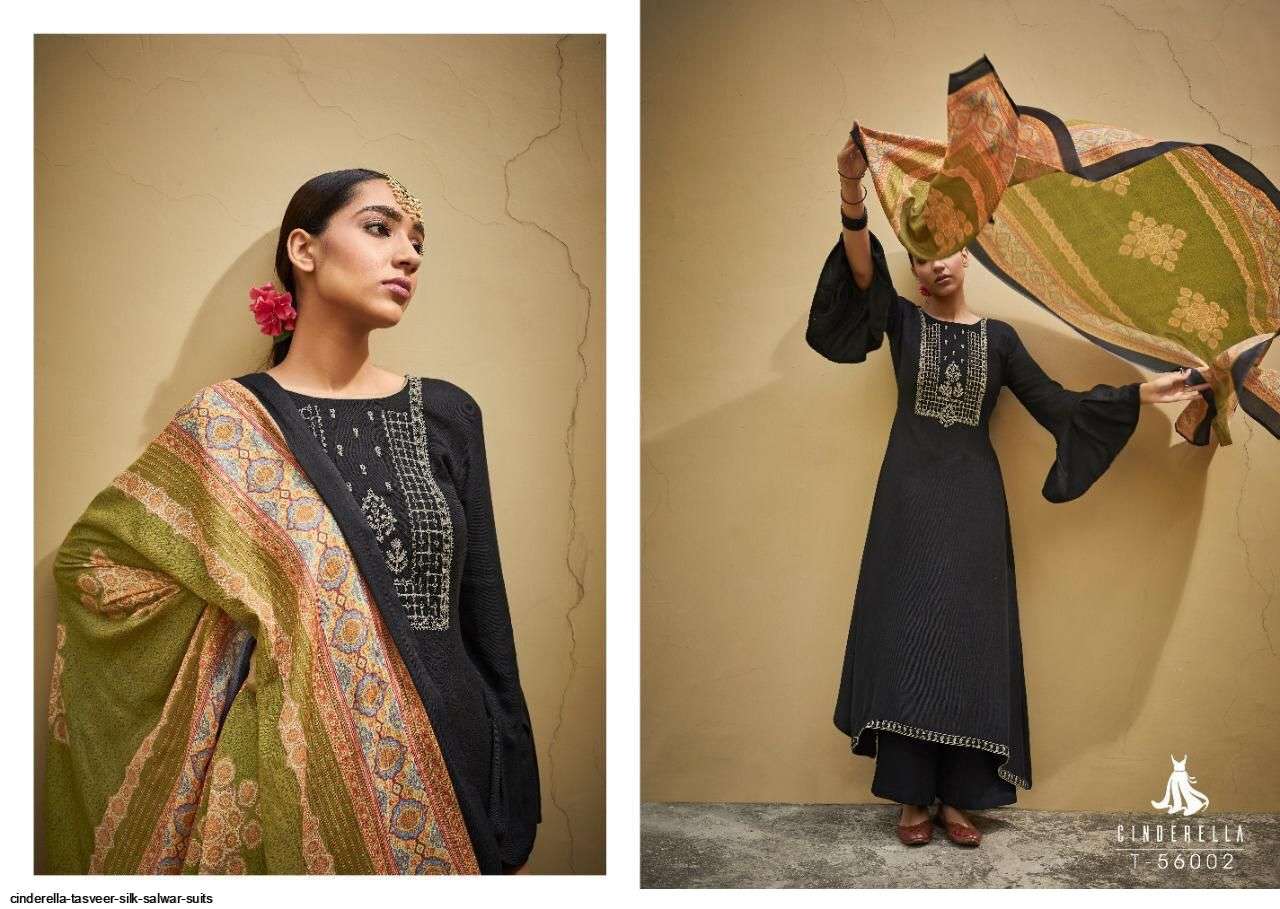 TASVEER BY CINDERELLA 56001 TO 56008 SERIES BEAUTIFUL WINTER COLLECTION SUITS STYLISH FANCY COLORFUL CASUAL WEAR & ETHNIC WEAR PURE SILK WOVEN PASHMINA DRESSES DRESSES AT WHOLESALE PRICE