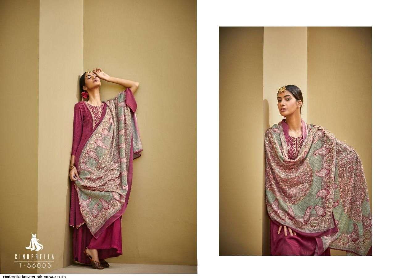 TASVEER BY CINDERELLA 56001 TO 56008 SERIES BEAUTIFUL WINTER COLLECTION SUITS STYLISH FANCY COLORFUL CASUAL WEAR & ETHNIC WEAR PURE SILK WOVEN PASHMINA DRESSES DRESSES AT WHOLESALE PRICE