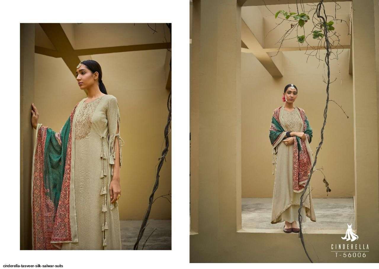 TASVEER BY CINDERELLA 56001 TO 56008 SERIES BEAUTIFUL WINTER COLLECTION SUITS STYLISH FANCY COLORFUL CASUAL WEAR & ETHNIC WEAR PURE SILK WOVEN PASHMINA DRESSES DRESSES AT WHOLESALE PRICE