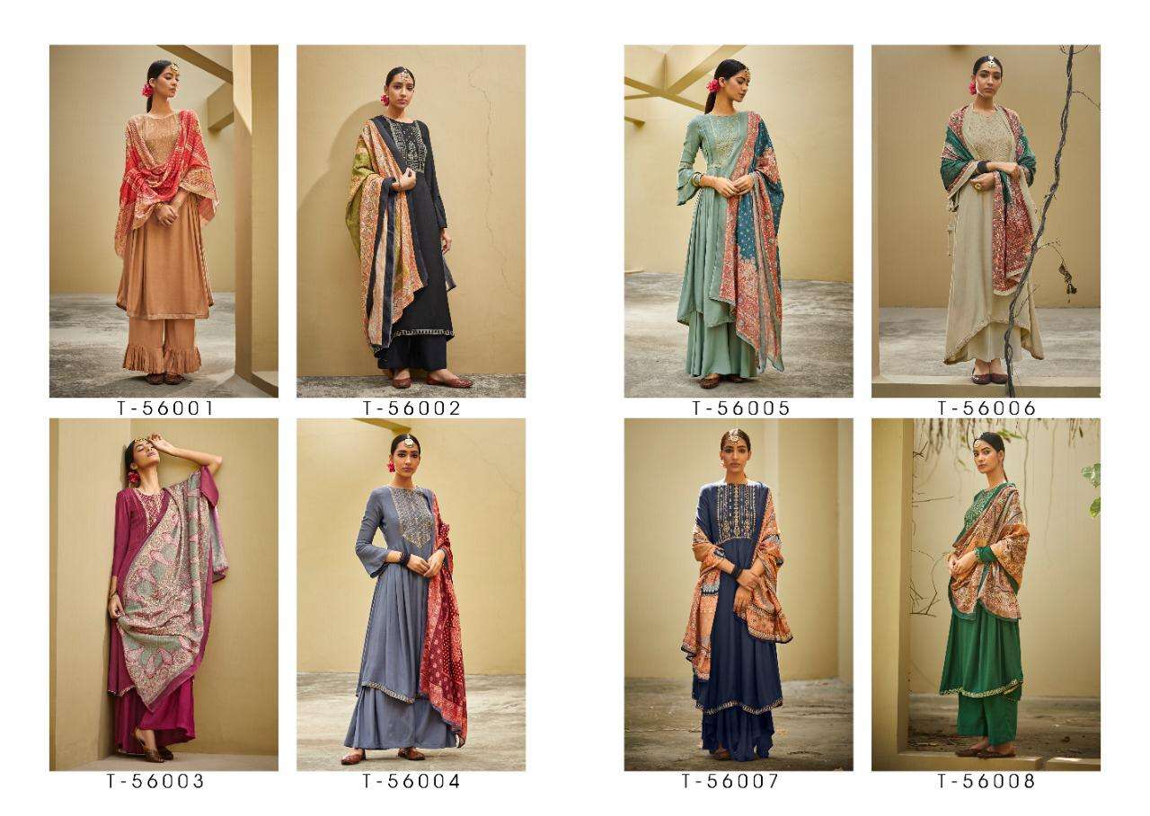 TASVEER BY CINDERELLA 56001 TO 56008 SERIES BEAUTIFUL WINTER COLLECTION SUITS STYLISH FANCY COLORFUL CASUAL WEAR & ETHNIC WEAR PURE SILK WOVEN PASHMINA DRESSES DRESSES AT WHOLESALE PRICE