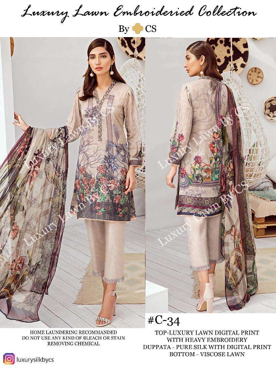 LUXURY LAWN EMBROIDERIED COLLECTION VOL-10 BY CS 34 TO 36 SERIES DESIGNER PAKISTANI SUITS BEAUTIFUL STYLISH FANCY COLORFUL PARTY WEAR & OCCASIONAL WEAR LUXURY LAWN DIGITAL PRINT WITH EMBROIDERY DRESSES AT WHOLESALE PRICE