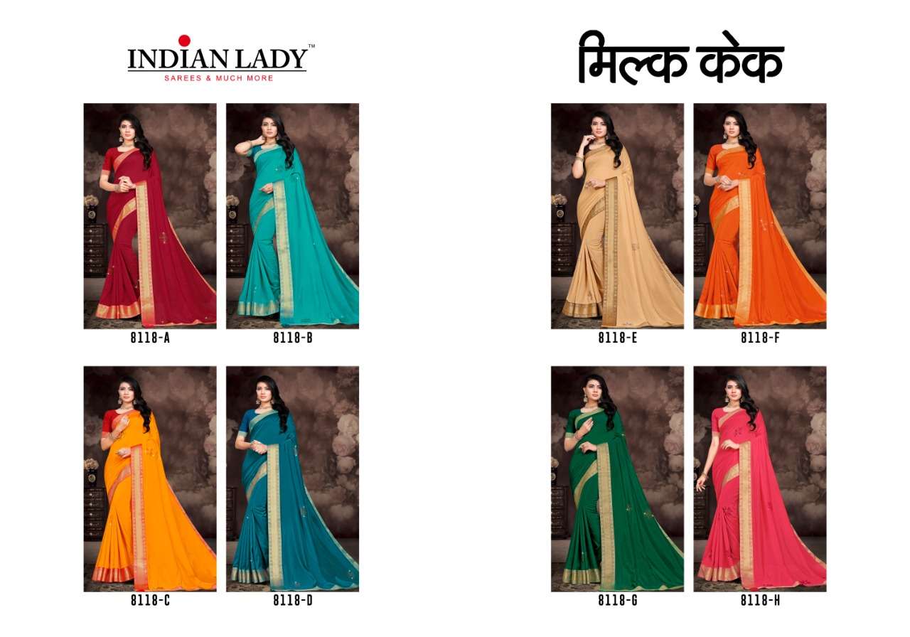 MILK CAKE BY INDIAN WOMEN 8118-A TO 8118-H SERIES INDIAN TRADITIONAL WEAR COLLECTION BEAUTIFUL STYLISH FANCY COLORFUL PARTY WEAR & OCCASIONAL WEAR DYED SILK SAREES AT WHOLESALE PRICE