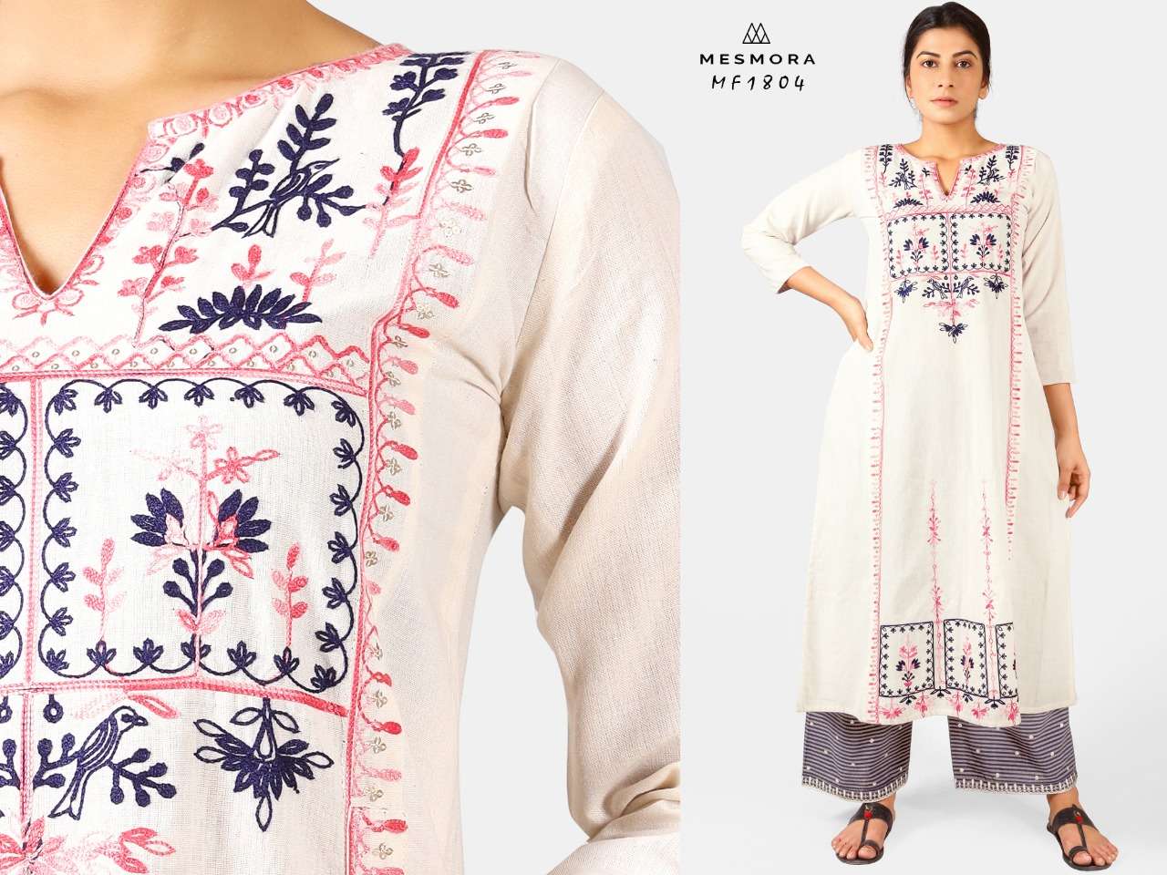 GULMOHAR BY MESMORA 1801 TO 1808 SERIES STYLISH FANCY BEAUTIFUL COLORFUL CASUAL WEAR & ETHNIC WEAR KHADI WITH EMBROIDERY KURTIS WITH BOTTOM AT WHOLESALE PRICE