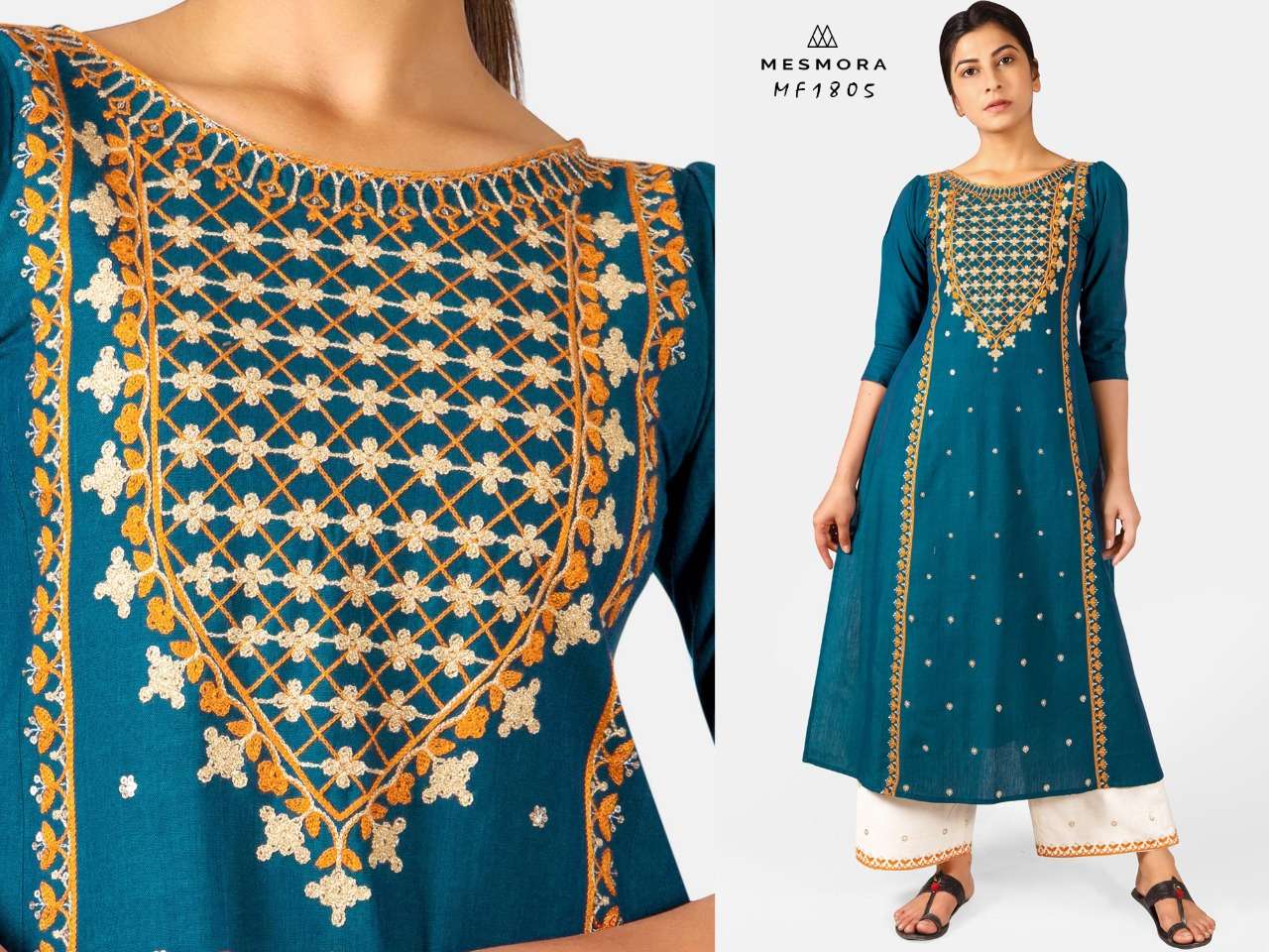 GULMOHAR BY MESMORA 1801 TO 1808 SERIES STYLISH FANCY BEAUTIFUL COLORFUL CASUAL WEAR & ETHNIC WEAR KHADI WITH EMBROIDERY KURTIS WITH BOTTOM AT WHOLESALE PRICE