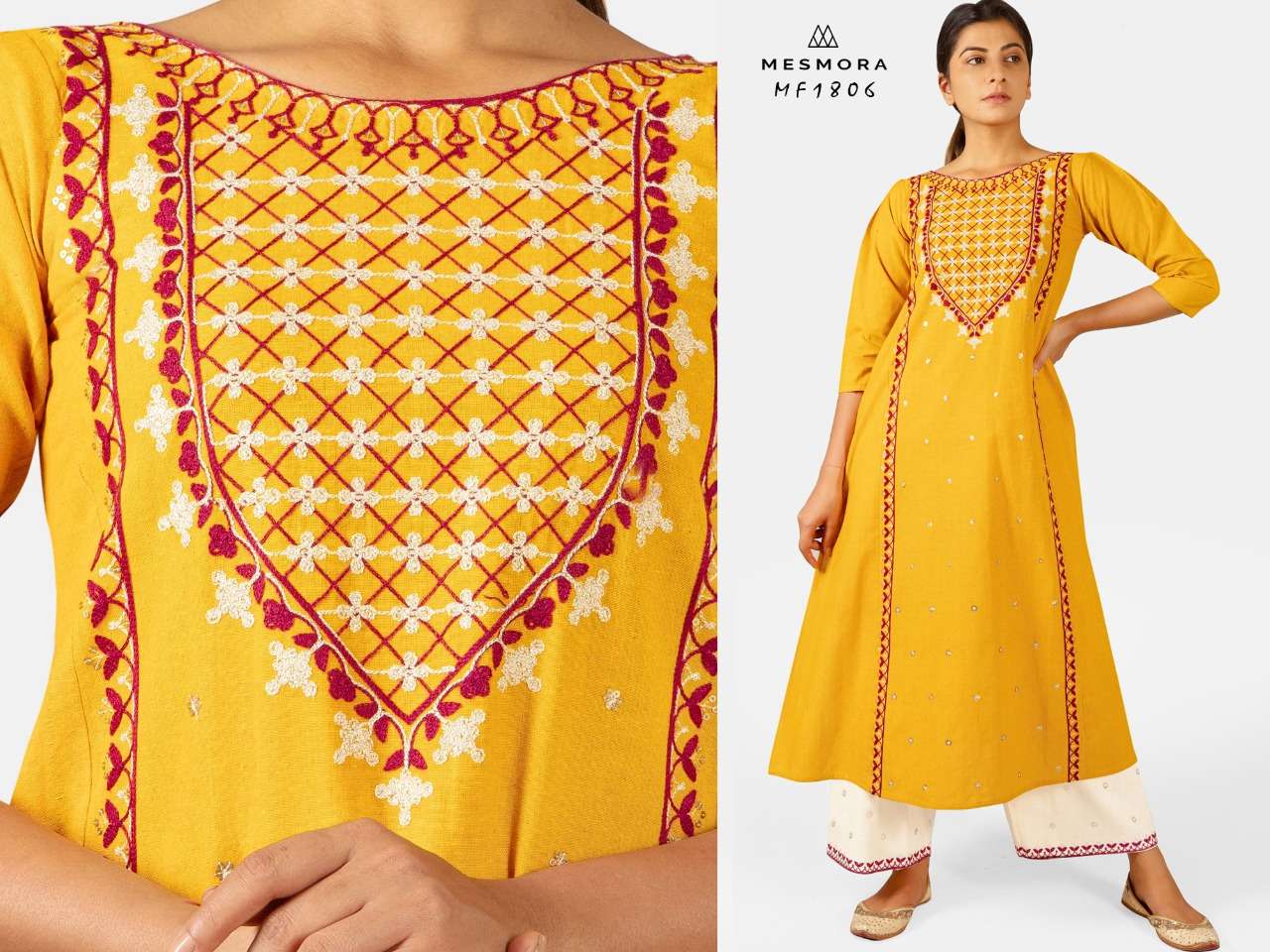 GULMOHAR BY MESMORA 1801 TO 1808 SERIES STYLISH FANCY BEAUTIFUL COLORFUL CASUAL WEAR & ETHNIC WEAR KHADI WITH EMBROIDERY KURTIS WITH BOTTOM AT WHOLESALE PRICE