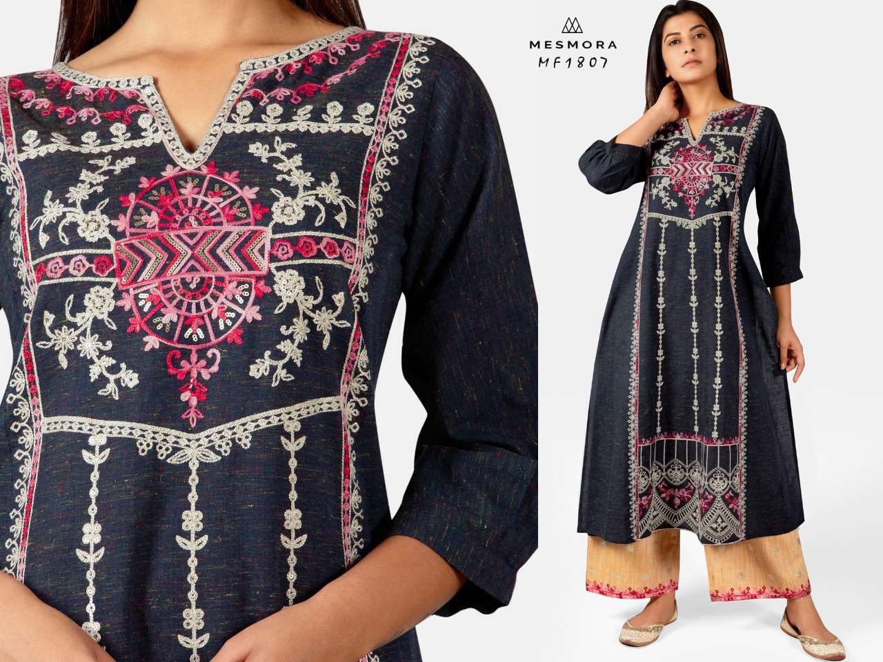 GULMOHAR BY MESMORA 1801 TO 1808 SERIES STYLISH FANCY BEAUTIFUL COLORFUL CASUAL WEAR & ETHNIC WEAR KHADI WITH EMBROIDERY KURTIS WITH BOTTOM AT WHOLESALE PRICE