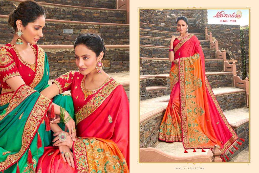 MONALISA 1100 SERIES BY MONALISA 1101 TO 1114 SERIES INDIAN TRADITIONAL WEAR COLLECTION BEAUTIFUL STYLISH FANCY COLORFUL PARTY WEAR & OCCASIONAL WEAR SATIN GEORGETTE SAREES AT WHOLESALE PRICE