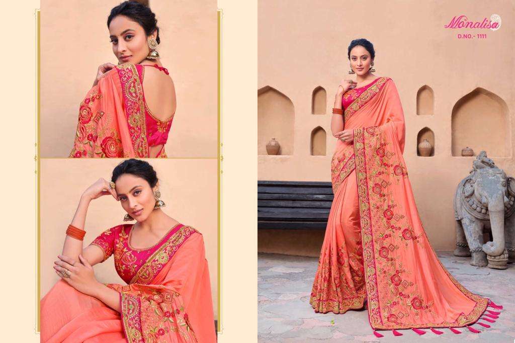 MONALISA 1100 SERIES BY MONALISA 1101 TO 1114 SERIES INDIAN TRADITIONAL WEAR COLLECTION BEAUTIFUL STYLISH FANCY COLORFUL PARTY WEAR & OCCASIONAL WEAR SATIN GEORGETTE SAREES AT WHOLESALE PRICE