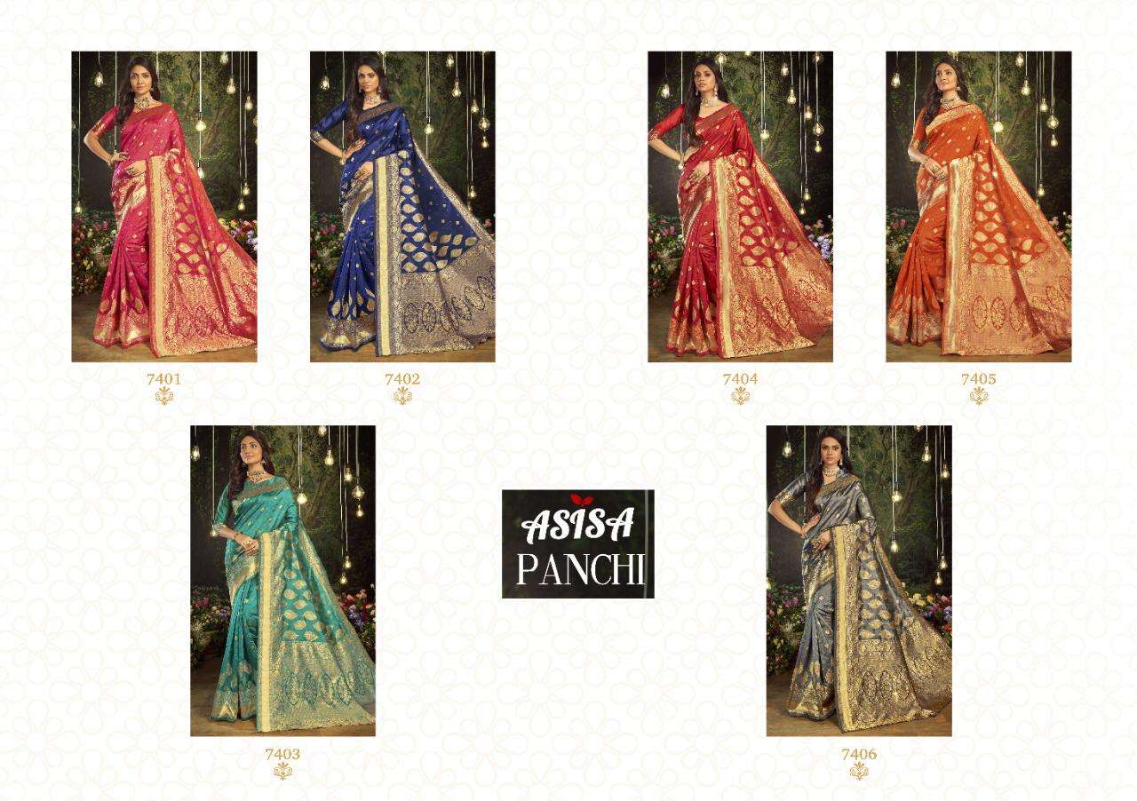 PANCHI BY ASISA 7401 TO 7406 SERIES INDIAN TRADITIONAL WEAR COLLECTION BEAUTIFUL STYLISH FANCY COLORFUL PARTY WEAR & OCCASIONAL WEAR SOFT SILK SAREES AT WHOLESALE PRICE