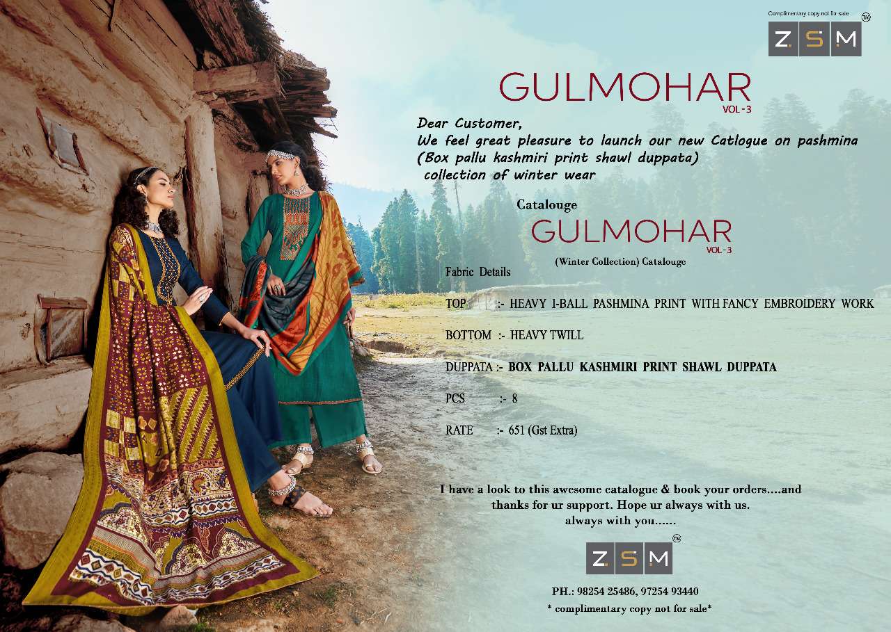 GULMOHAR VOL-3 BY ZSM 3001 TO 3008 SERIES BEAUTIFUL STYLISH SHARARA SUITS FANCY COLORFUL CASUAL WEAR & ETHNIC WEAR & READY TO WEAR HEAVY I BALL PASHMINA PRINTED DRESSES AT WHOLESALE PRICE