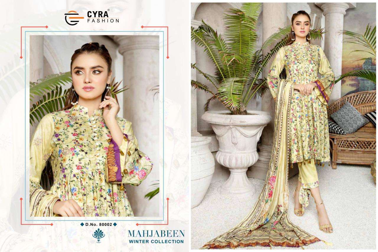 MAHJABEEN WINTER COLLECTION BY CYRA FASHION 81001 TO 81005 SERIES BEAUTIFUL STYLISH SHARARA SUITS FANCY COLORFUL CASUAL WEAR & ETHNIC WEAR & READY TO WEAR PURE PASHMINA PRINTED DRESSES AT WHOLESALE PRICE