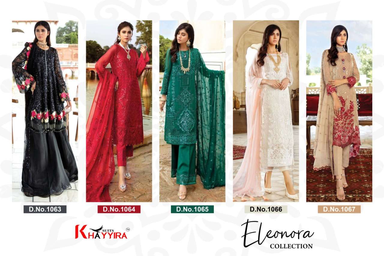 ELEONORA COLLECTION BY KHAYYIRA 1063 TO 1067 SERIES BEAUTIFUL STYLISH SHARARA SUITS FANCY COLORFUL CASUAL WEAR & ETHNIC WEAR & READY TO WEAR HEAVY GEORGETTE WITH EMBROIDERY DRESSES AT WHOLESALE PRICE