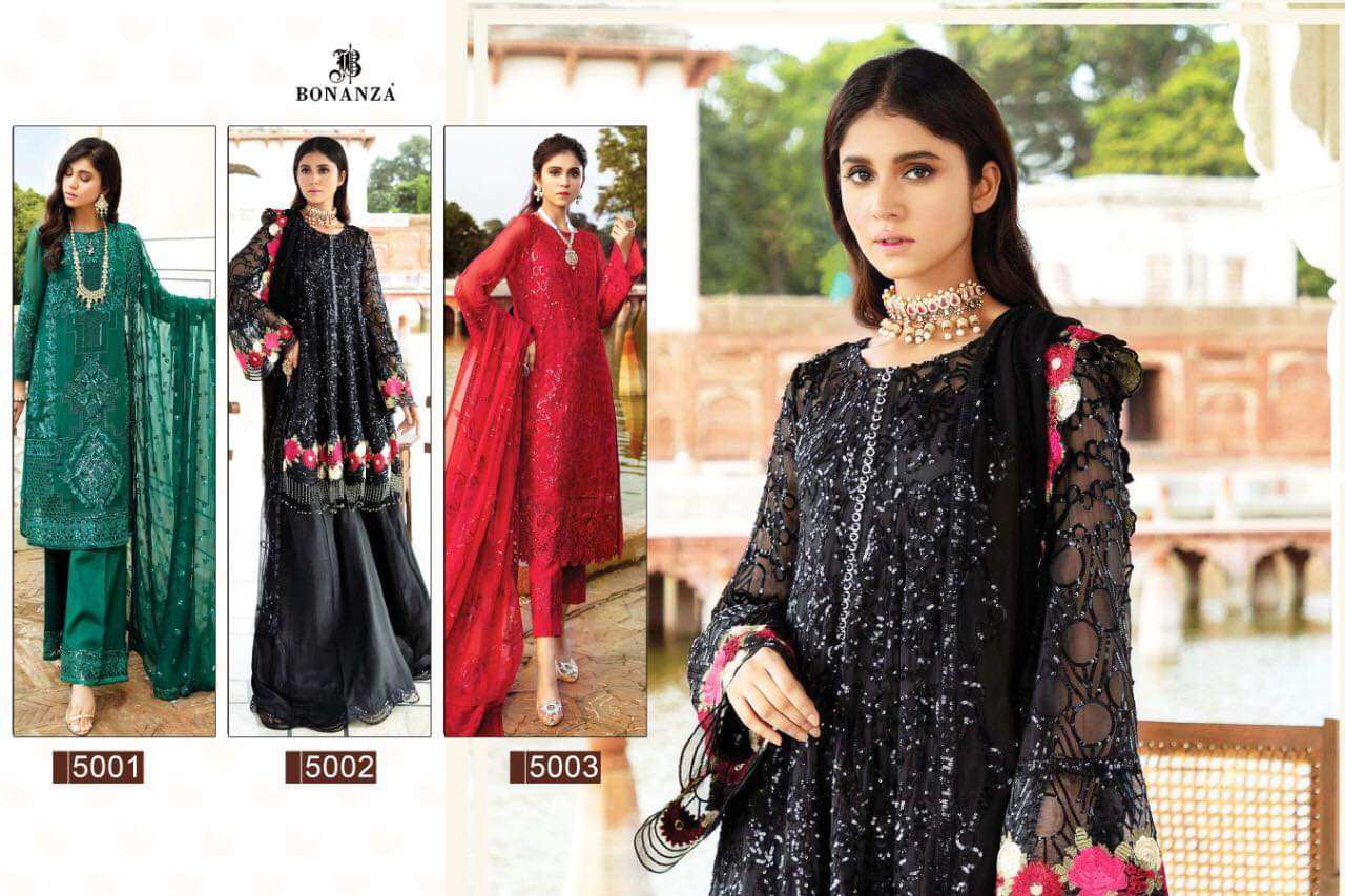 ALLIFA 5001 SERIES BY BONANZA 5001 TO 5003 SERIES PAKISTANI SUITS BEAUTIFUL FANCY COLORFUL STYLISH PARTY WEAR & OCCASIONAL WEAR HEAVY GEORGETTE WITH EMBROIDERY DRESSES AT WHOLESALE PRICE