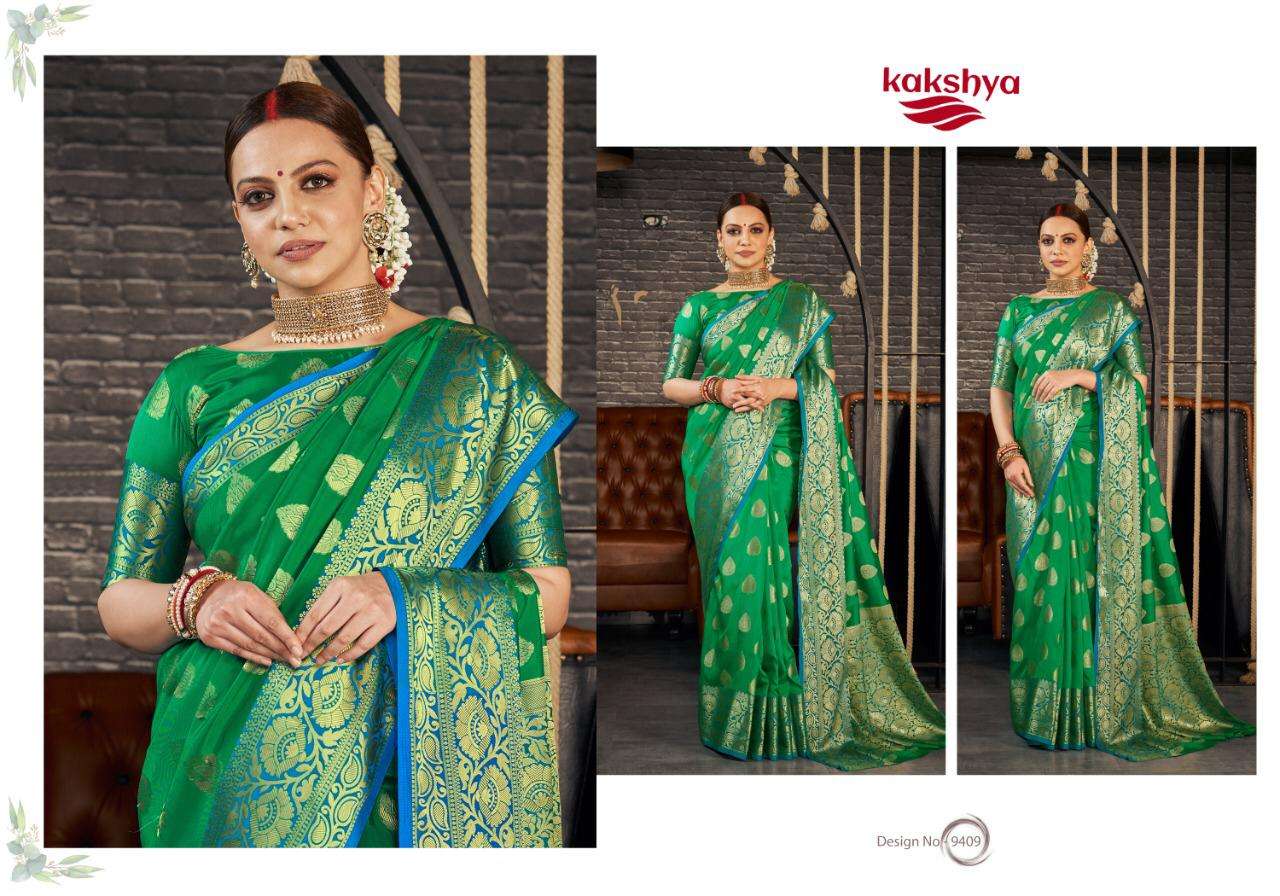 AISHWARYA BY KAKSHYA 9407 TO 9412 SERIES INDIAN TRADITIONAL WEAR COLLECTION BEAUTIFUL STYLISH FANCY COLORFUL PARTY WEAR & OCCASIONAL WEAR SANA SILK SAREES AT WHOLESALE PRICE