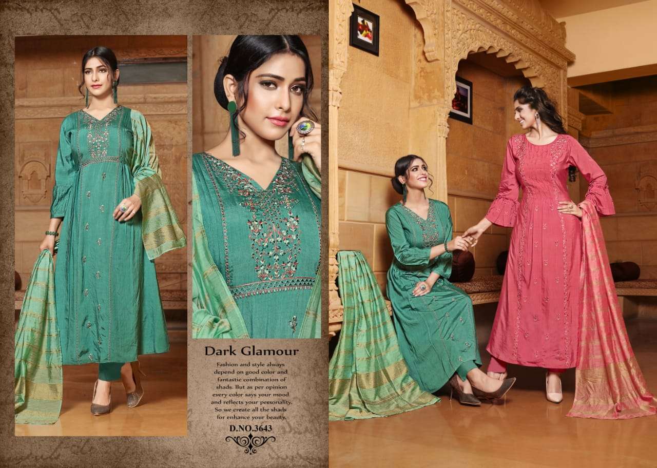GAJBAN BY YAMI FASHION 3641 to 3646 SERIES BEAUTIFUL SUITS STYLISH FANCY COLORFUL CASUAL WEAR & ETHNIC WEAR VISCOSE CHANDERI WITH WORK DRESSES AT WHOLESALE PRICE