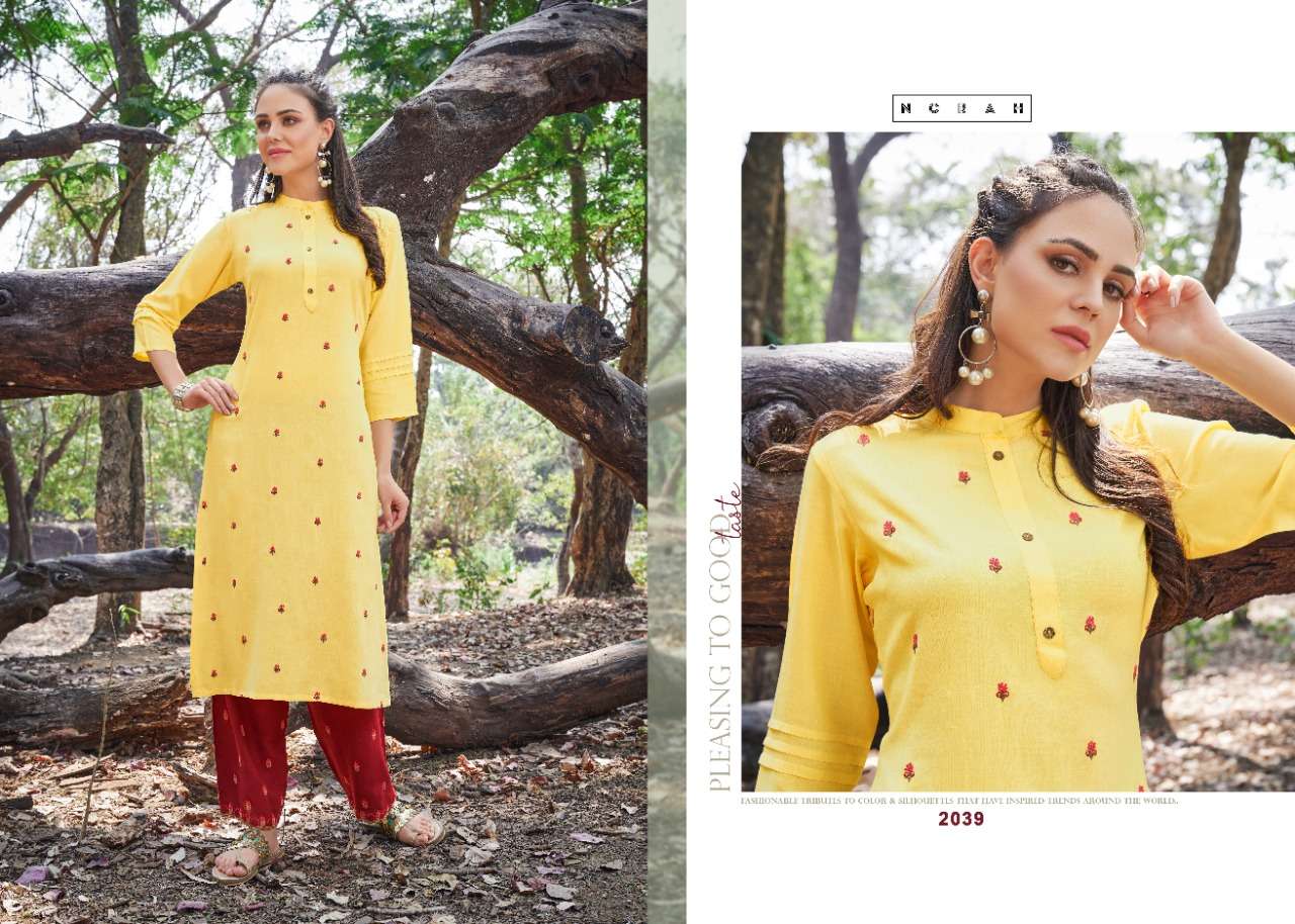 NIRVI BY NORAH 2038 TO 2041 SERIES STYLISH FANCY BEAUTIFUL COLORFUL CASUAL WEAR & ETHNIC WEAR RAYON SLUB EMBROIDERY KURTIS WITH BOTTOM AT WHOLESALE PRICE
