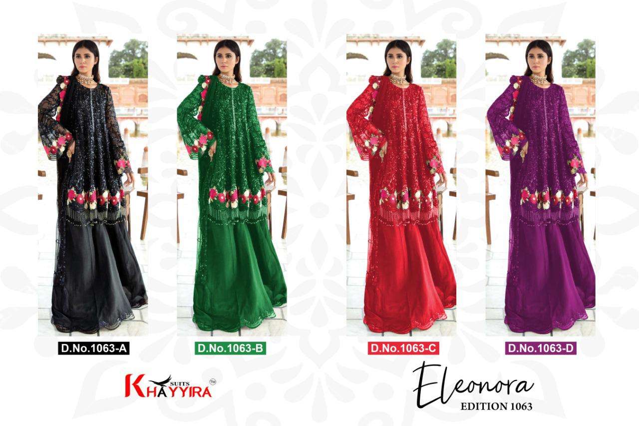 ELEONORA 1063 COLOURS BY KHAYYIRA 1063-A TO 1063-D SERIES BEAUTIFUL PAKISTANI SUITS COLORFUL STYLISH FANCY CASUAL WEAR & ETHNIC WEAR HEAVY GEORGETTE EMBROIDERED DRESSES AT WHOLESALE PRICE