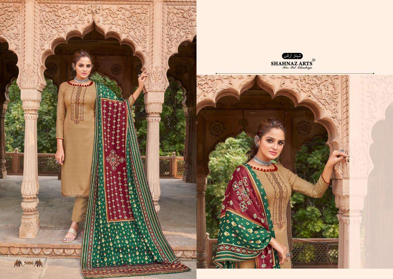 PATOLA BY SHAHNAZ ARTS 5001 TO 5008 SERIES DESIGNER SUITS COLLECTION BEAUTIFUL STYLISH FANCY COLORFUL PARTY WEAR & OCCASIONAL WEAR HEAVY PASHMINA PRINTED WITH EMBROIDERED DRESSES AT WHOLESALE PRICE