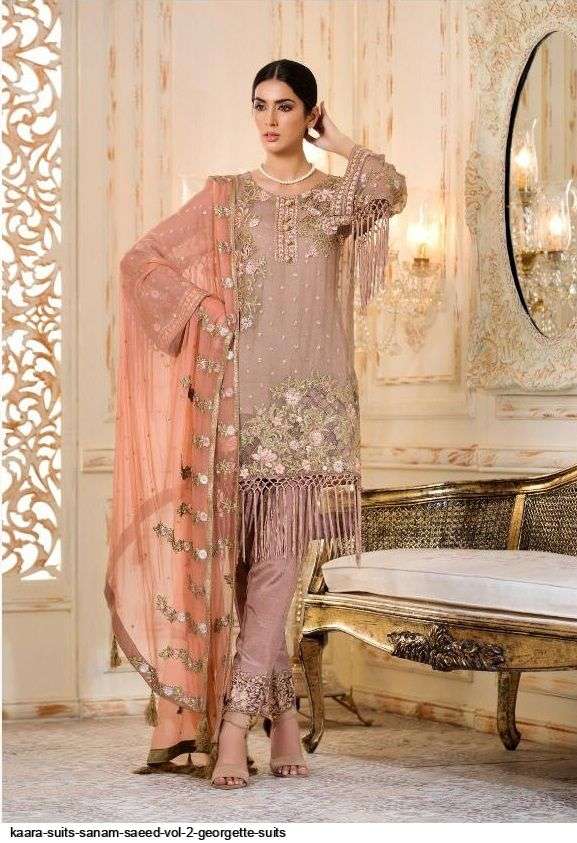 SANAM SAEED VOL-2 BY KAARA SUITS 3001 TO 3006 SERIES BEAUTIFUL PAKISTANI SUITS COLORFUL STYLISH FANCY CASUAL WEAR & ETHNIC WEAR FAUX GEORGETTE WITH EMBROIDERY DRESSES AT WHOLESALE PRICE