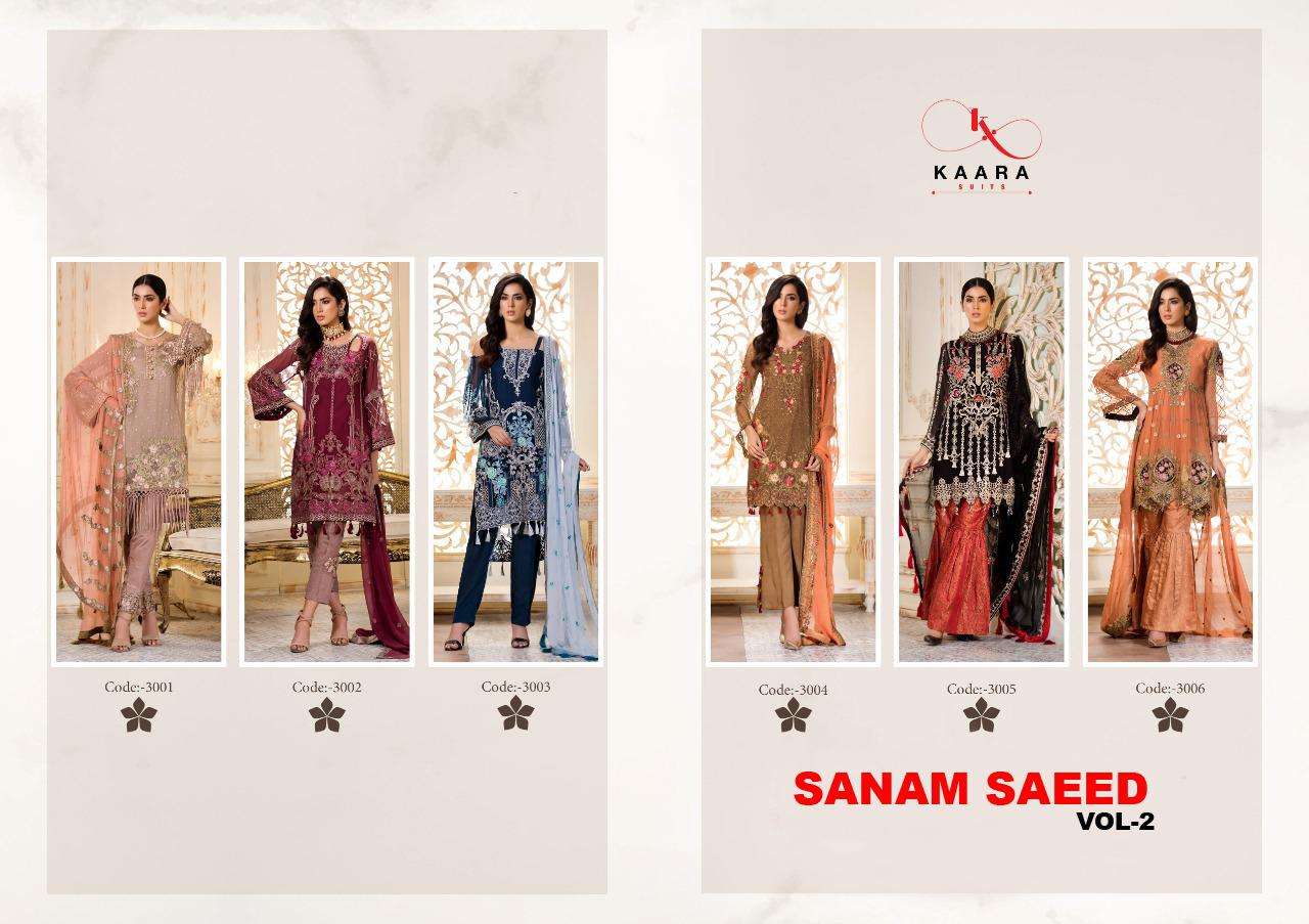SANAM SAEED VOL-2 BY KAARA SUITS 3001 TO 3006 SERIES BEAUTIFUL PAKISTANI SUITS COLORFUL STYLISH FANCY CASUAL WEAR & ETHNIC WEAR FAUX GEORGETTE WITH EMBROIDERY DRESSES AT WHOLESALE PRICE