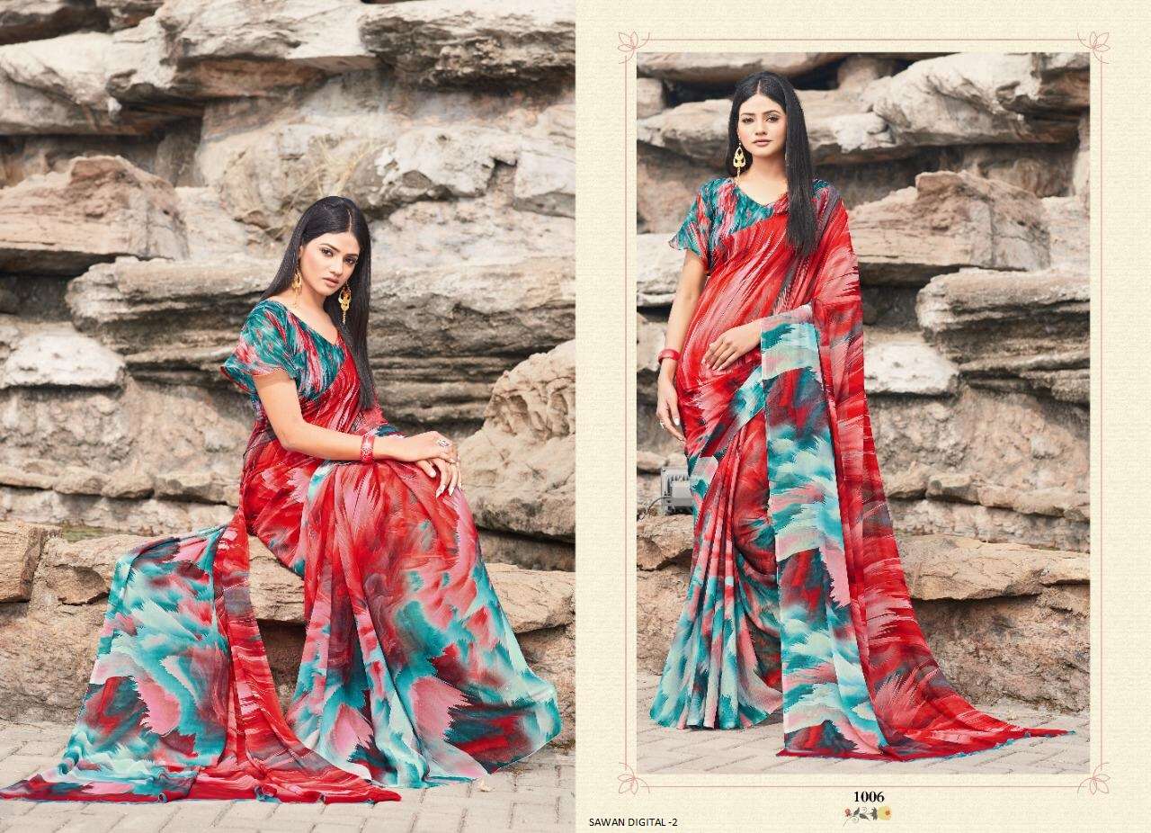 SAWAN DIGITAL VOL-2 BY SHREE MATARAM 1001 TO 1009 SERIES INDIAN TRADITIONAL WEAR COLLECTION BEAUTIFUL STYLISH FANCY COLORFUL PARTY WEAR & OCCASIONAL WEAR SOFT BUTTER CHIFFON DIGITAL PRINTED SAREES AT WHOLESALE PRICE