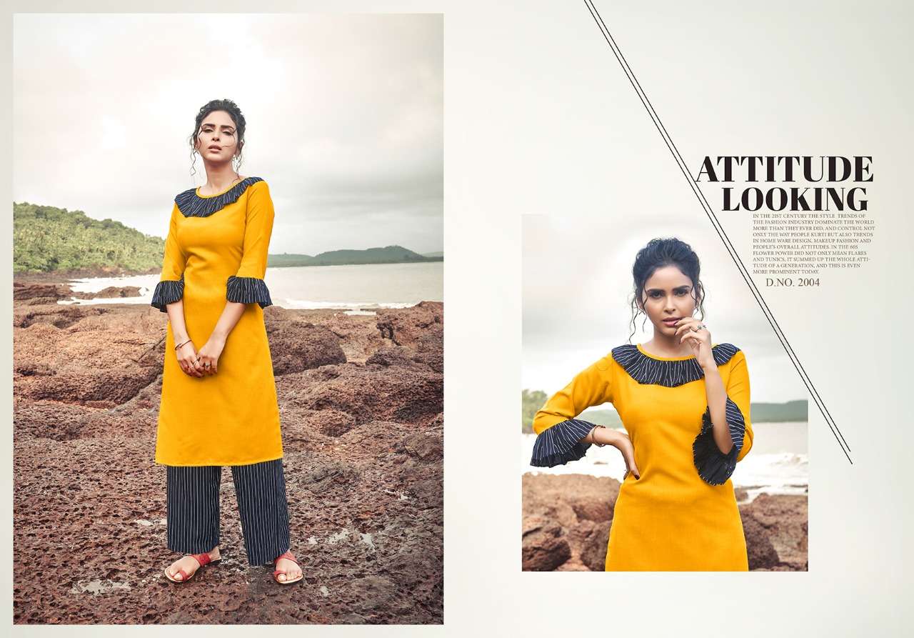NITISHA PLAZO VOL-2 BY NTISHA NX 2001 TO 2005 SERIES STYLISH FANCY BEAUTIFUL COLORFUL CASUAL WEAR & ETHNIC WEAR SOFT COTTON SLUB KURTIS WITH BOTTOM AT WHOLESALE PRICE