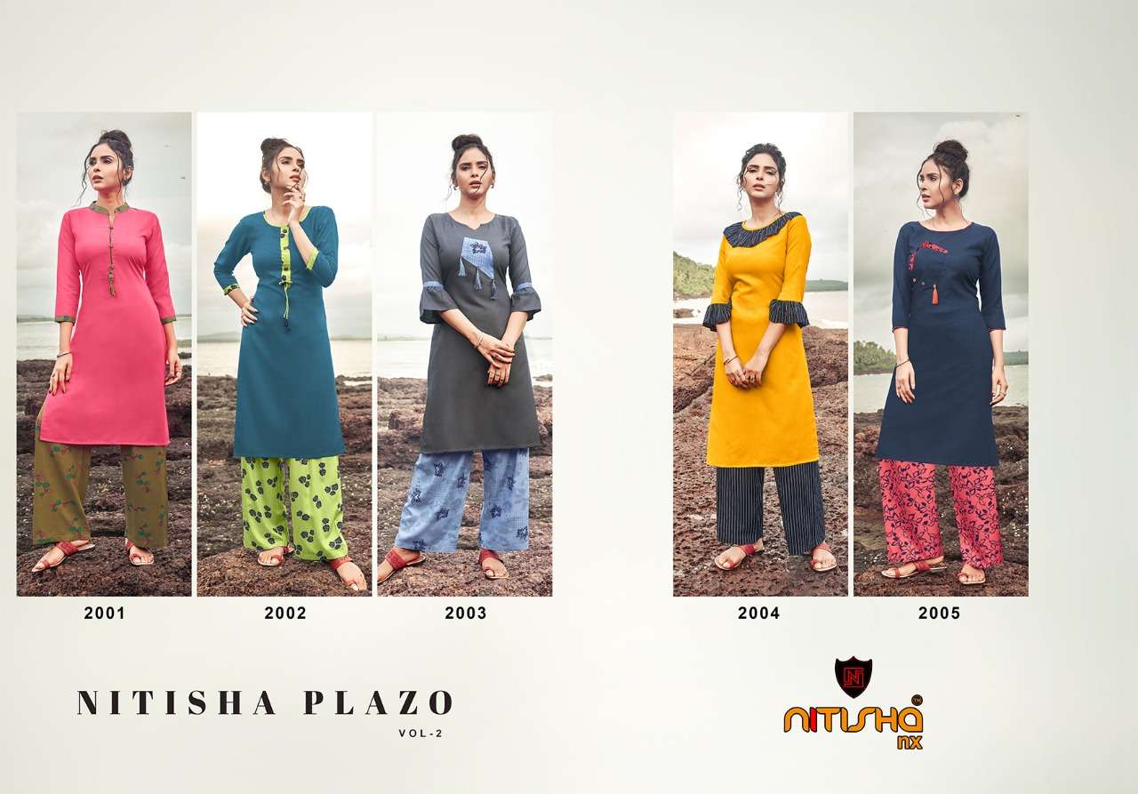 NITISHA PLAZO VOL-2 BY NTISHA NX 2001 TO 2005 SERIES STYLISH FANCY BEAUTIFUL COLORFUL CASUAL WEAR & ETHNIC WEAR SOFT COTTON SLUB KURTIS WITH BOTTOM AT WHOLESALE PRICE