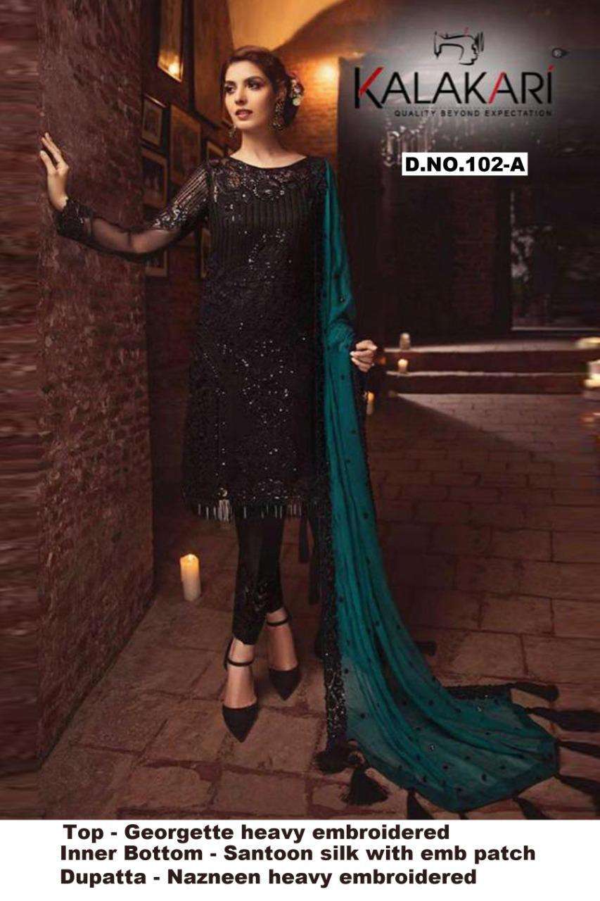 SERINE 102 COLOURS BY KALAKARI 102-A TO 102-D SERIES BEAUTIFUL SUITS STYLISH COLORFUL FANCY CASUAL WEAR & ETHNIC WEAR GEORGETTE WITH EMBROIDERY DRESSES AT WHOLESALE PRICE