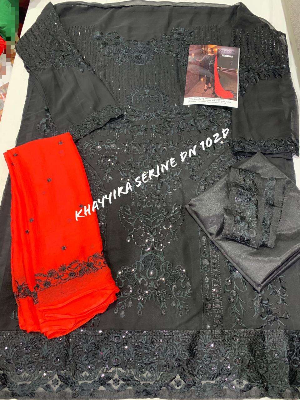 SERINE 102 COLOURS BY KALAKARI 102-A TO 102-D SERIES BEAUTIFUL SUITS STYLISH COLORFUL FANCY CASUAL WEAR & ETHNIC WEAR GEORGETTE WITH EMBROIDERY DRESSES AT WHOLESALE PRICE