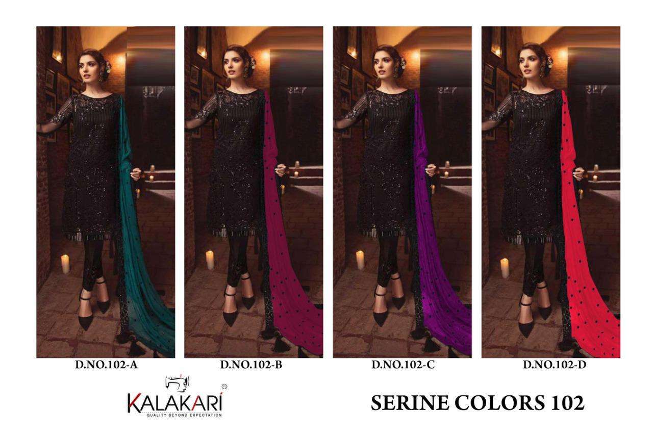 SERINE 102 COLOURS BY KALAKARI 102-A TO 102-D SERIES BEAUTIFUL SUITS STYLISH COLORFUL FANCY CASUAL WEAR & ETHNIC WEAR GEORGETTE WITH EMBROIDERY DRESSES AT WHOLESALE PRICE