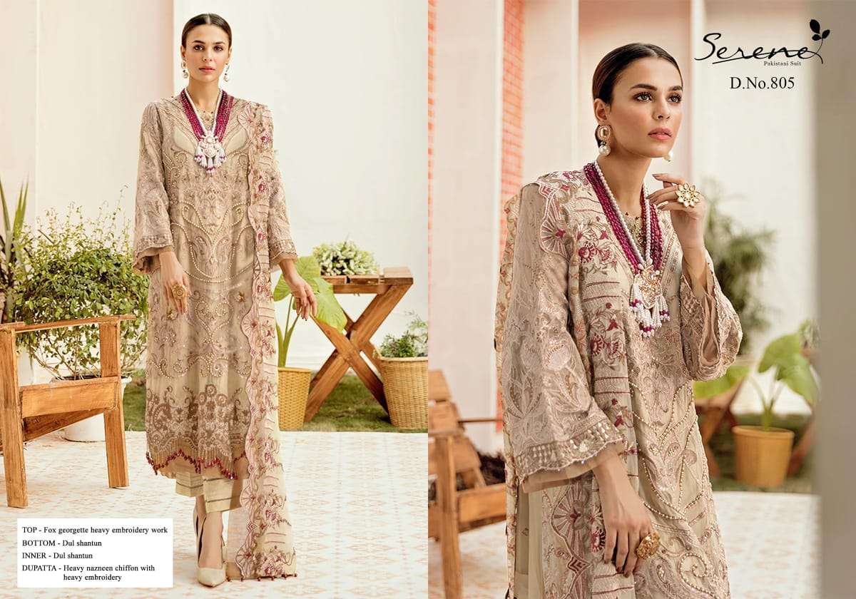 SERENE BY MEGHA EXPORTS 801 TO 805 SERIES PAKISTANI SUITS BEAUTIFUL FANCY COLORFUL STYLISH PARTY WEAR & OCCASIONAL WEAR FAUX GEORGETTE WITH EMBROIDERY DRESSES AT WHOLESALE PRICE