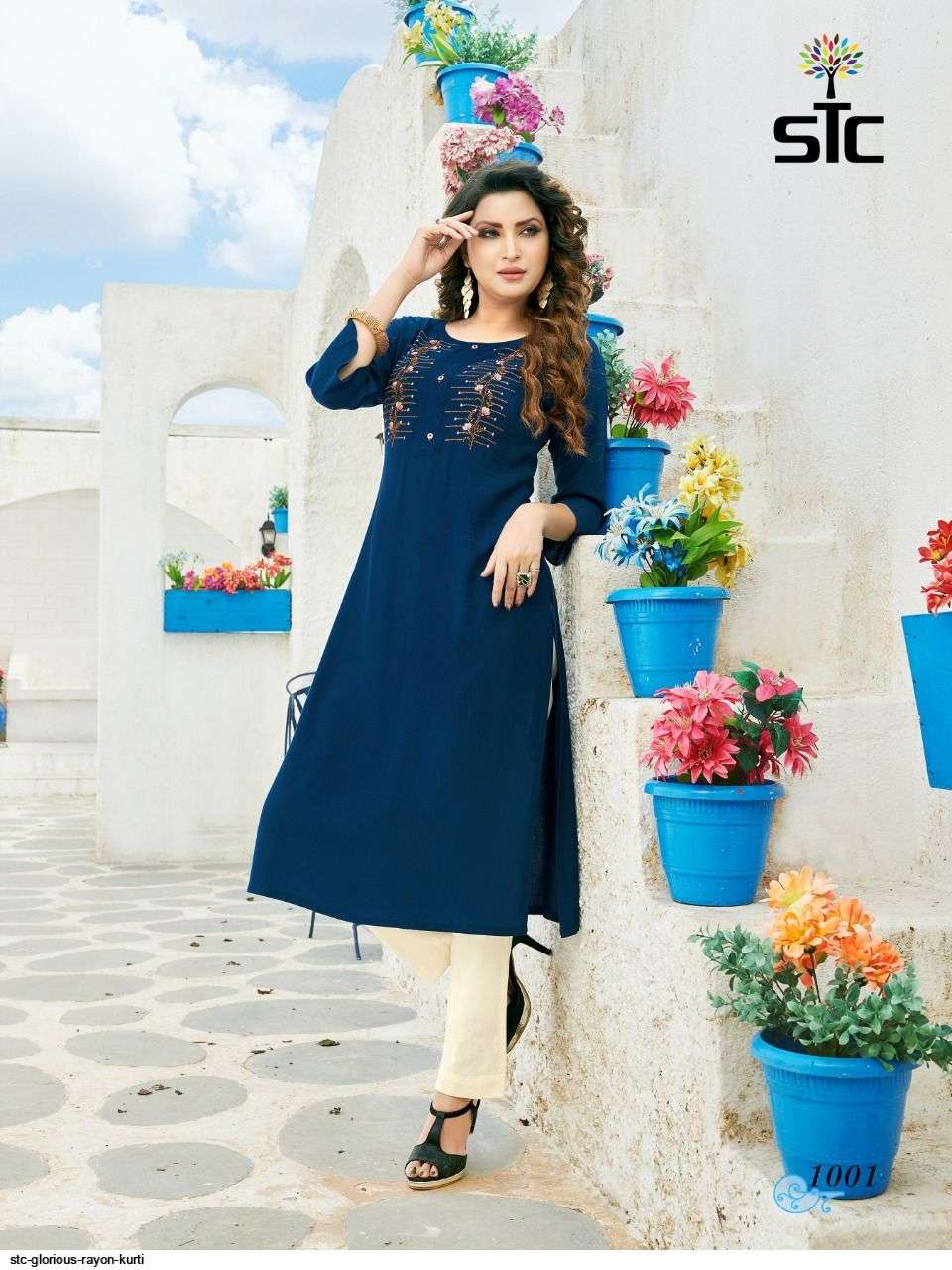 GLORIOUS BY STC 1001 TO 1005 SERIES BEAUTIFUL STYLISH FANCY COLORFUL CASUAL WEAR & ETHNIC WEAR & READY TO WEAR RAYON WORKED KURTIS WITH BOTTOM AT WHOLESALE PRICE