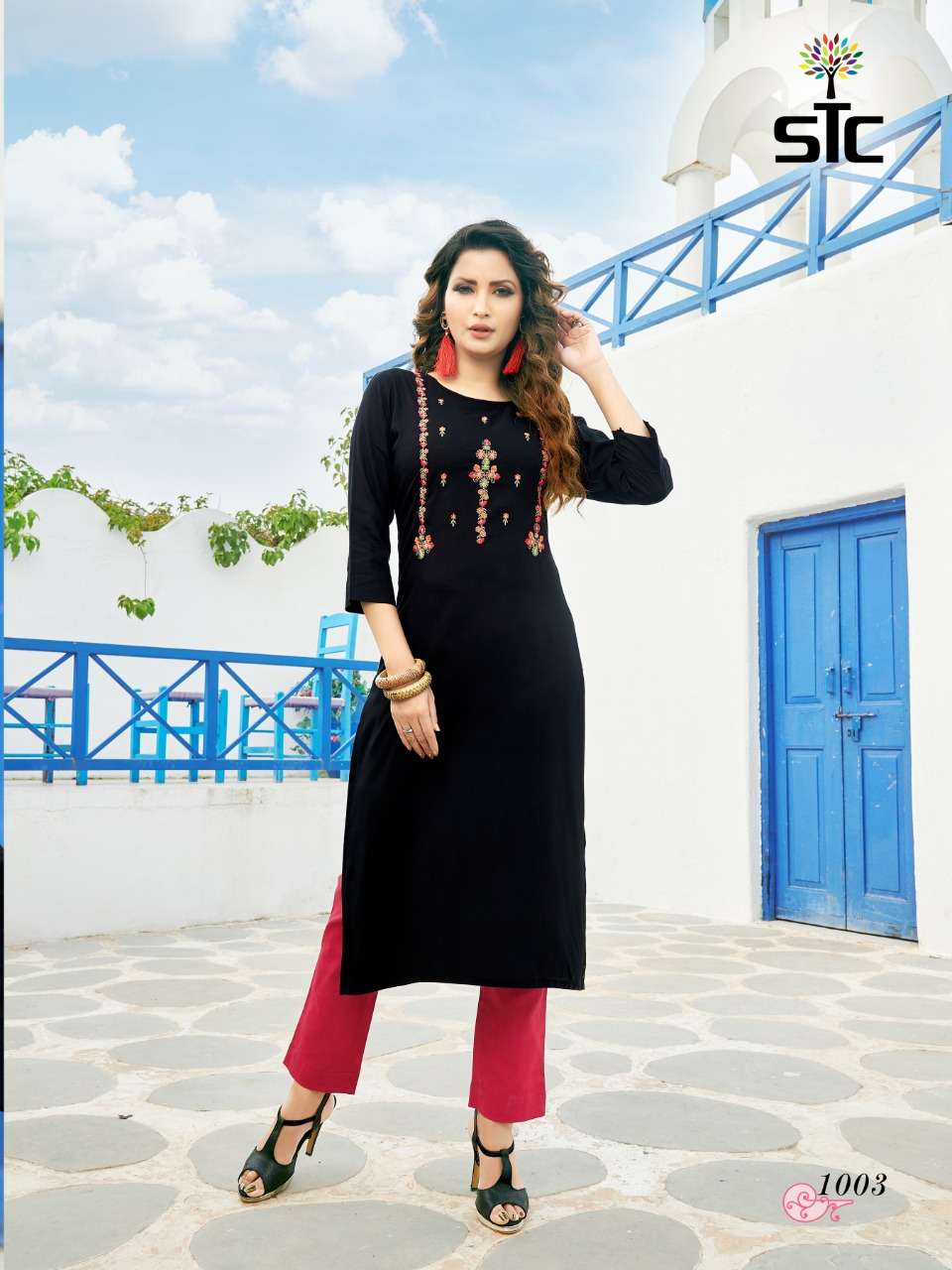 GLORIOUS BY STC 1001 TO 1005 SERIES BEAUTIFUL STYLISH FANCY COLORFUL CASUAL WEAR & ETHNIC WEAR & READY TO WEAR RAYON WORKED KURTIS WITH BOTTOM AT WHOLESALE PRICE