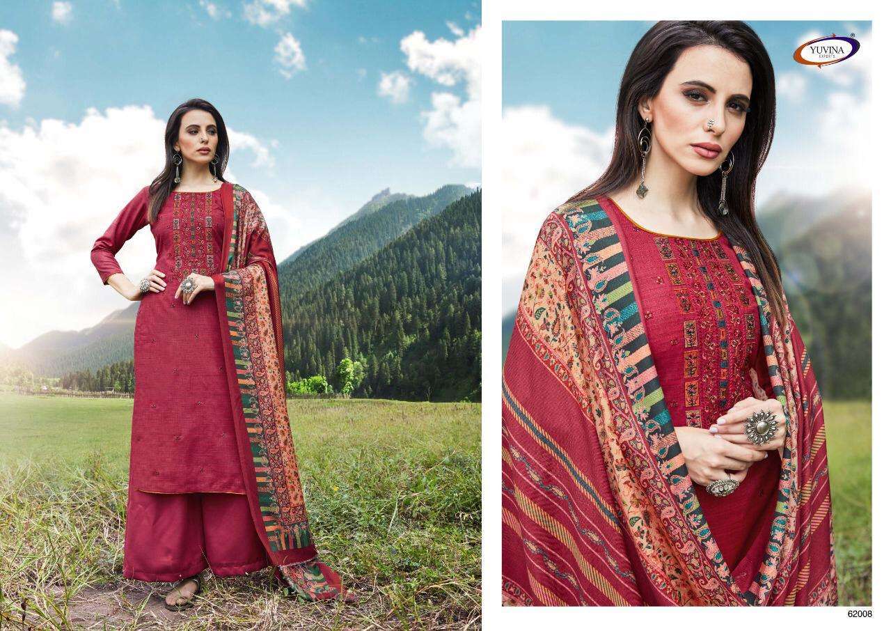 WINTER GARNET BY YUVINA EXPORTS 62001 TO 62008 SERIES DESIGNER SHARARA SUITS COLLECTION BEAUTIFUL STYLISH COLORFUL FANCY PARTY WEAR & OCCASIONAL WEAR TOP DYED SHADARI WITH EMBROIDERY DRESSES AT WHOLESALE PRICE