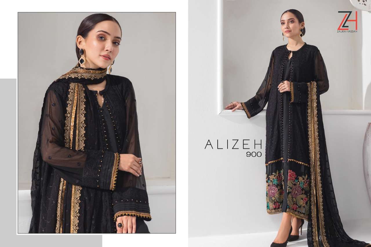 ALIZEH BY ZAURA HASSAN 900 TO 904 SERIES DESIGNER COLLECTION SUITS BEAUTIFUL STYLISH FANCY COLORFUL PARTY WEAR & OCCASIONAL WEAR FAUX GEORGETTE EMBROIDERY DRESSES AT WHOLESALE PRICE