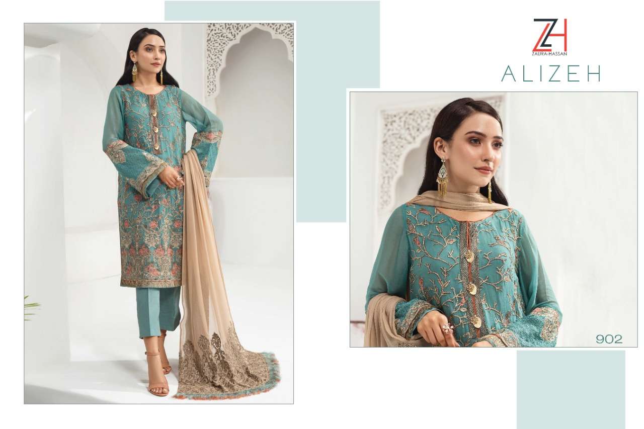 ALIZEH BY ZAURA HASSAN 900 TO 904 SERIES DESIGNER COLLECTION SUITS BEAUTIFUL STYLISH FANCY COLORFUL PARTY WEAR & OCCASIONAL WEAR FAUX GEORGETTE EMBROIDERY DRESSES AT WHOLESALE PRICE