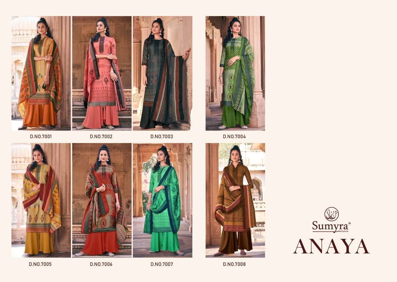 ANAYA BY SUMYRA FASHION 7001 TO 7008 SERIES DESIGNER COLLECTION SUITS BEAUTIFUL STYLISH FANCY COLORFUL PARTY WEAR & OCCASIONAL WEAR PURE PASHMINA DIGITAL PRINTED DRESSES AT WHOLESALE PRICE