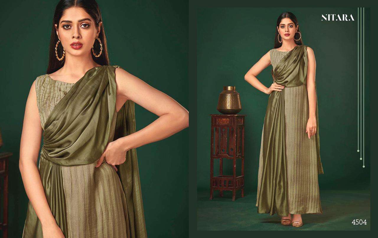 NYX BY NITARA 4501 TO 4505 SERIES DESIGNER BEAUTIFUL STYLISH FANCY COLORFUL PARTY WEAR & OCCASIONAL WEAR VARIETY OD ART SILK PRINTED GOWNS AT WHOLESALE PRICE
