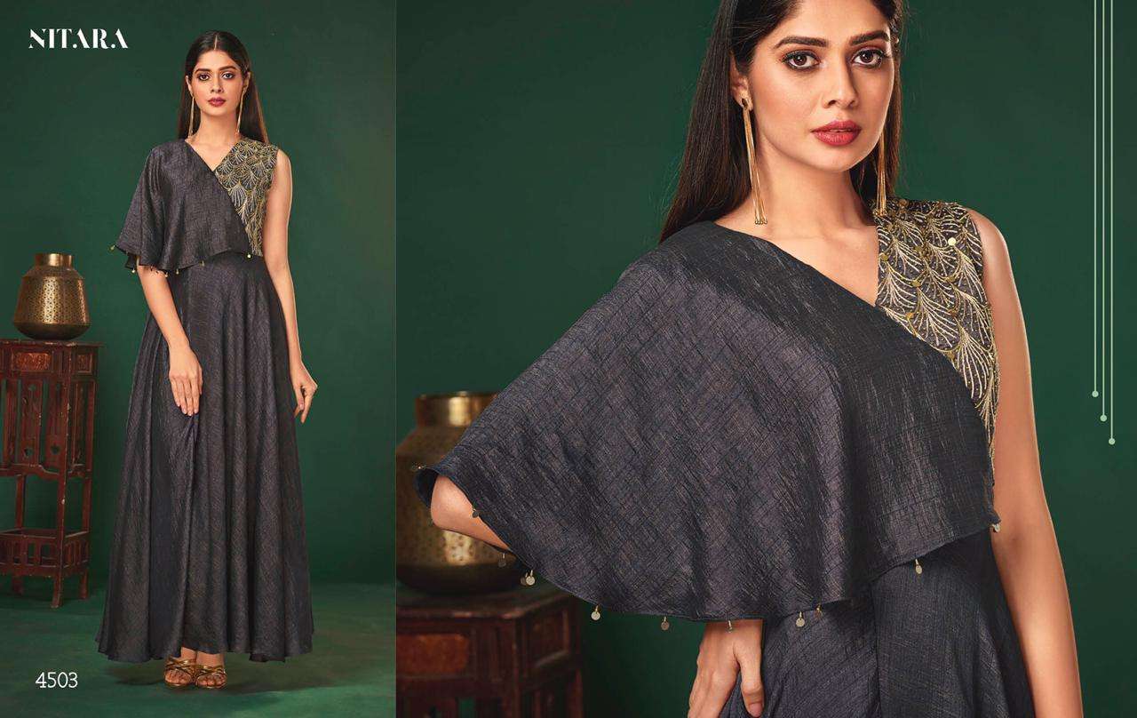 NYX BY NITARA 4501 TO 4505 SERIES DESIGNER BEAUTIFUL STYLISH FANCY COLORFUL PARTY WEAR & OCCASIONAL WEAR VARIETY OD ART SILK PRINTED GOWNS AT WHOLESALE PRICE