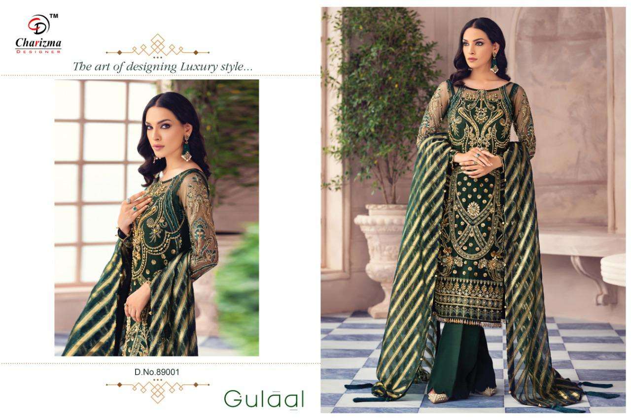 GULAAL BY CHARIZMA DESIGNER 89001 TO 89004 SERIES PAKISTANI SUITS BEAUTIFUL FANCY COLORFUL STYLISH PARTY WEAR & OCCASIONAL WEAR HEAVY NET WITH EMBROIDERY DRESSES AT WHOLESALE PRICE