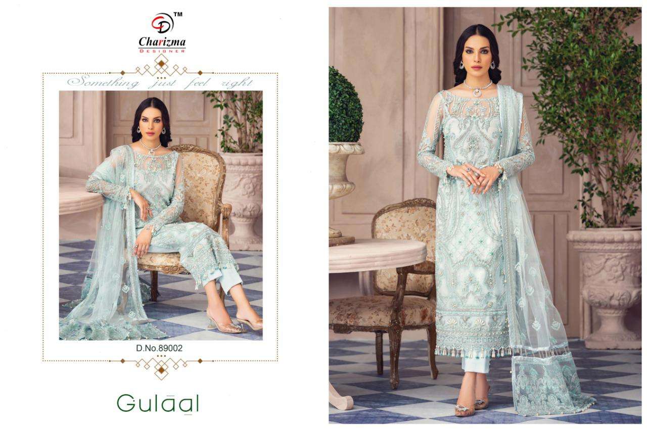 GULAAL BY CHARIZMA DESIGNER 89001 TO 89004 SERIES PAKISTANI SUITS BEAUTIFUL FANCY COLORFUL STYLISH PARTY WEAR & OCCASIONAL WEAR HEAVY NET WITH EMBROIDERY DRESSES AT WHOLESALE PRICE