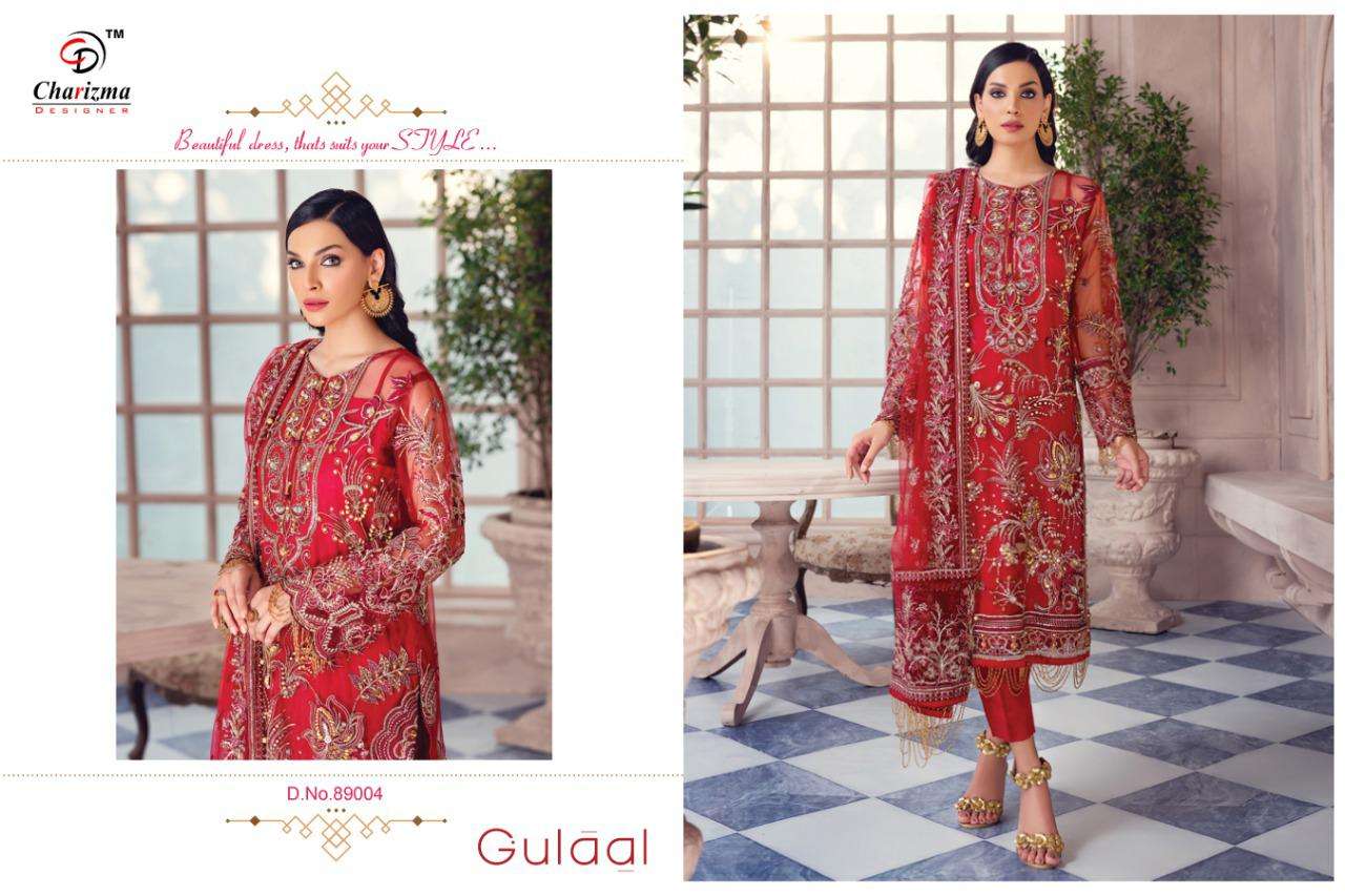 GULAAL BY CHARIZMA DESIGNER 89001 TO 89004 SERIES PAKISTANI SUITS BEAUTIFUL FANCY COLORFUL STYLISH PARTY WEAR & OCCASIONAL WEAR HEAVY NET WITH EMBROIDERY DRESSES AT WHOLESALE PRICE