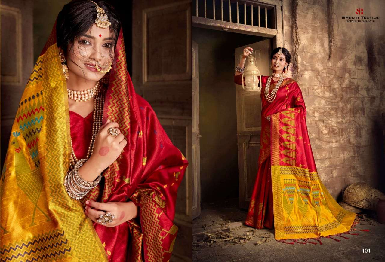 MAYRA BY SHRUTI 101 TO 111 SERIES INDIAN TRADITIONAL WEAR COLLECTION BEAUTIFUL STYLISH FANCY COLORFUL PARTY WEAR & OCCASIONAL WEAR FANCY PRINTED SAREES AT WHOLESALE PRICE