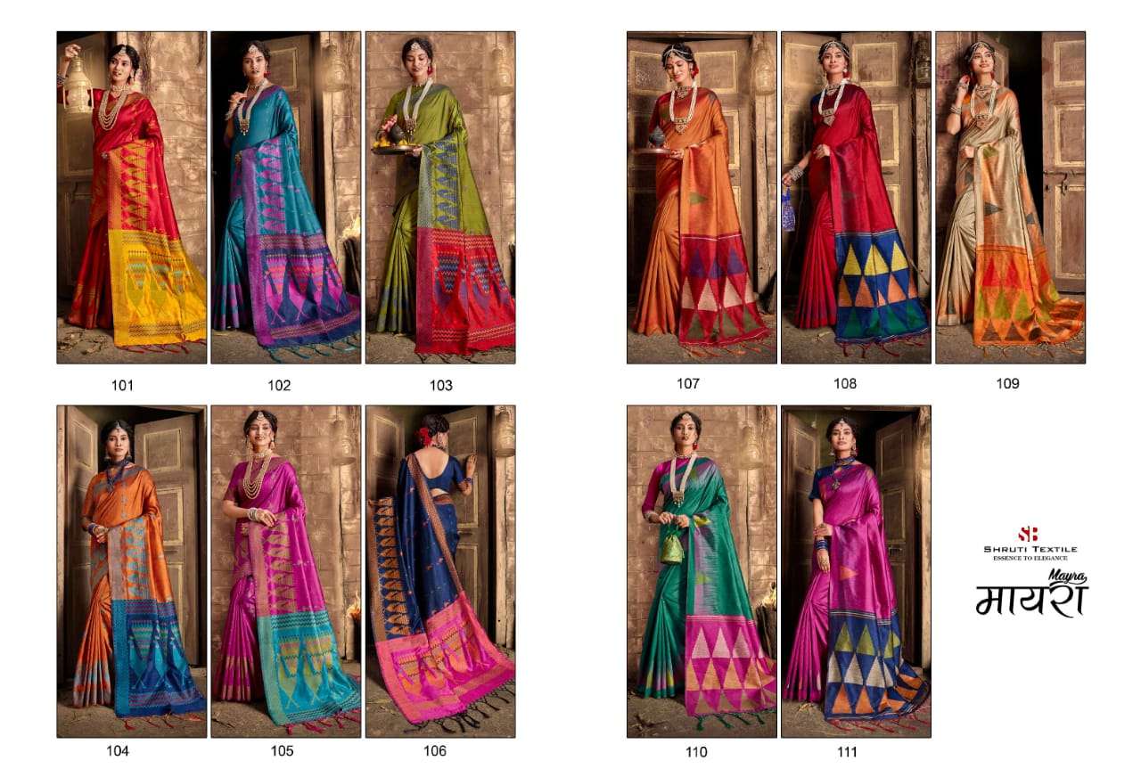 MAYRA BY SHRUTI 101 TO 111 SERIES INDIAN TRADITIONAL WEAR COLLECTION BEAUTIFUL STYLISH FANCY COLORFUL PARTY WEAR & OCCASIONAL WEAR FANCY PRINTED SAREES AT WHOLESALE PRICE