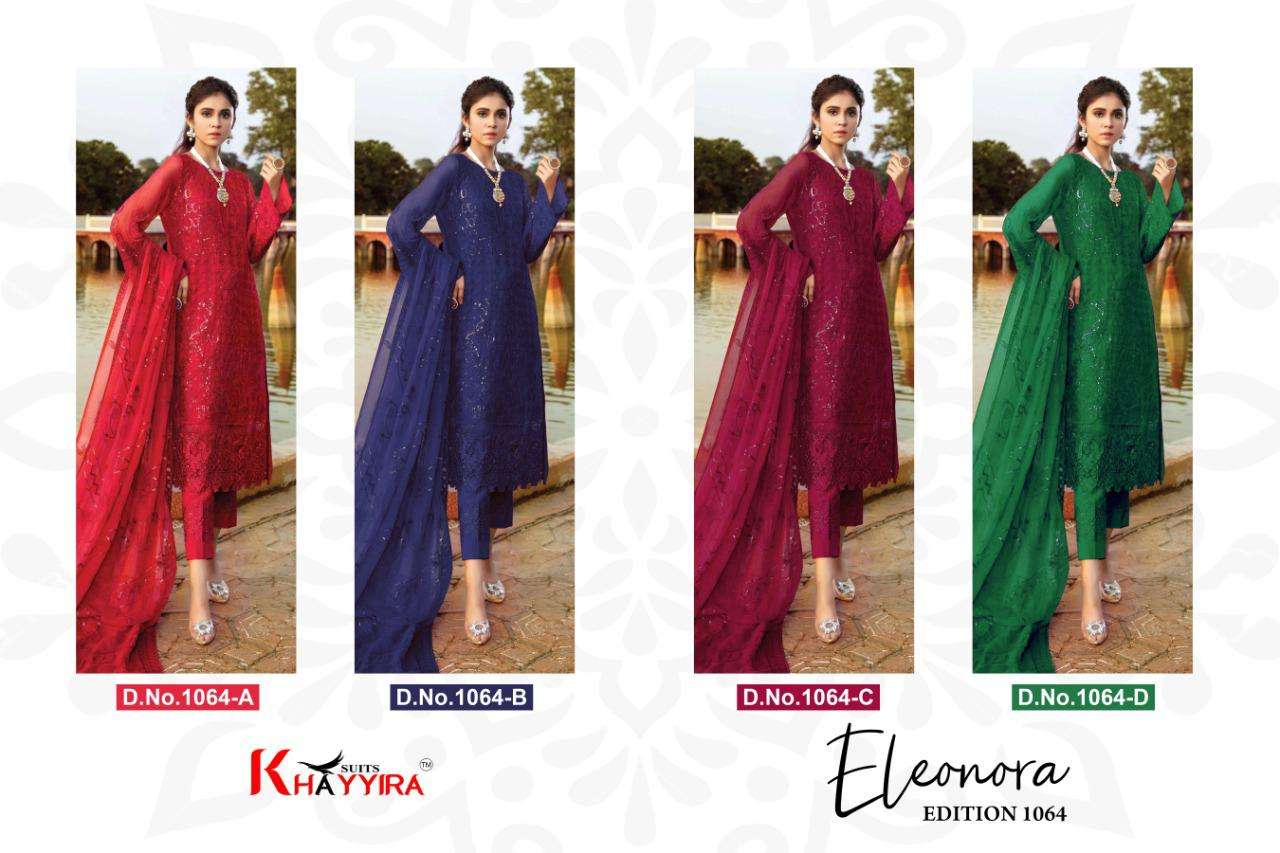 ELEONORA 1064 COLOURS BY KHAYYIRA 1064-A TO 1064-D SERIES BEAUTIFUL PAKISTANI SUITS COLORFUL STYLISH FANCY CASUAL WEAR & ETHNIC WEAR HEAVY GEORGETTE EMBROIDERED DRESSES AT WHOLESALE PRICE