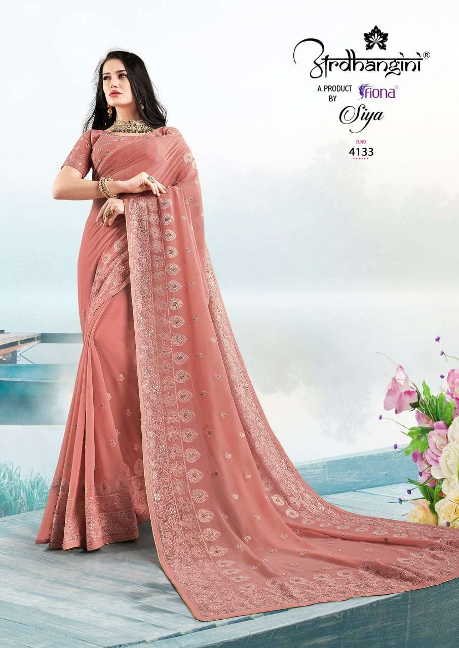 SIYA BY ARDHANGINI 4131 TO 4137 SERIES INDIAN TRADITIONAL WEAR COLLECTION BEAUTIFUL STYLISH FANCY COLORFUL PARTY WEAR & OCCASIONAL WEAR GEORGETTE WITH LUCKNOWI WORK SAREES AT WHOLESALE PRICE